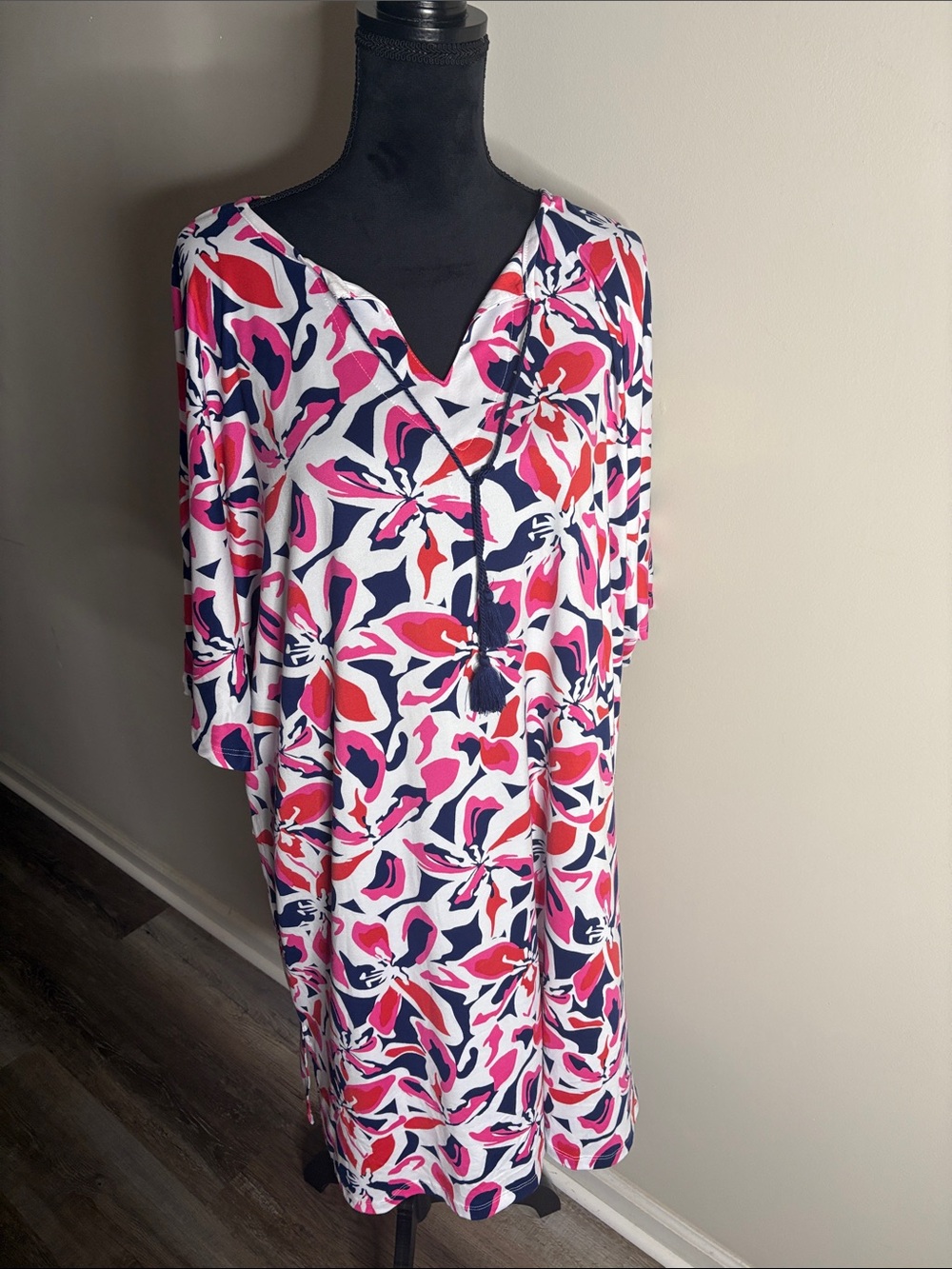 V-Neck Floral  Midi Caftan/ Loungewear Dress in Pink, Navy & White
